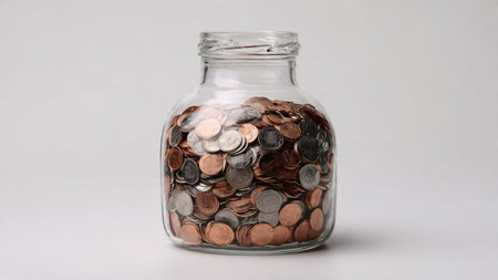 Clean financial theme with coin stacks surrounding a clear jar on bright white background,...