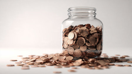 Neatly staged finance-themed image with a jar placed behind stacked coins forming a small triangle,...