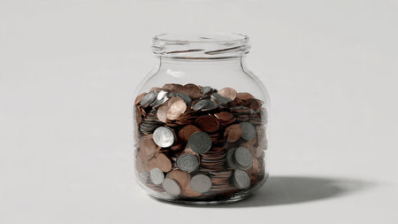 Minimal clean arrangement with jar and coins illuminated with high-key soft shadows,...