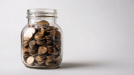 Modern financial layout with an empty jar casting soft shadows near a group of glimmering coins.