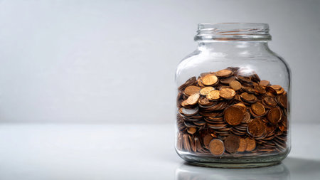 Professional financial planning visual featuring a clear jar and meticulously aligned coin stacks.
