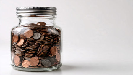 High-key saving aesthetic with a sparkling transparent jar positioned near organized coin stacks on...