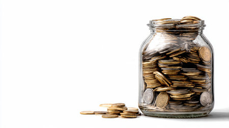Clean financial flat lay with scattered coins surrounding a transparent jar filled with coins.