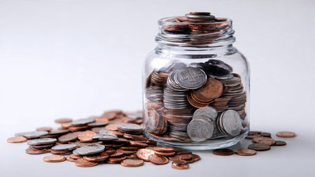 Clean savings visual highlighting a transparent jar and carefully positioned coin stacks,...