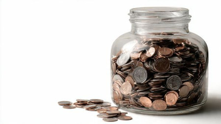 Modern savings concept with a close-up of a jar filled with coins and additional coins arranged...