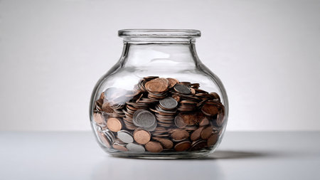 Elegant savings illustration featuring a sleek glass jar and neatly organized coins under soft...