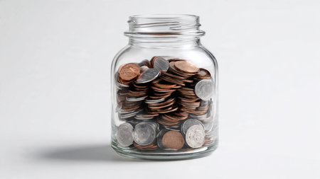 Clean professional savings visual showing a jar and a balanced cluster of coins, commercial-safe.の写真素材