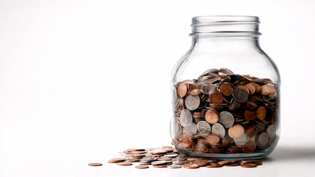 Minimal wealth concept showing polished coins in a row leading toward a tipped jar.