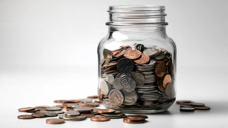 Professional minimal flat lay featuring a sleek jar and symmetrical coin layout on white,...