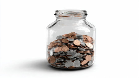 Soft elegant scene with an empty jar and a small pile of coins exploring a budgeting theme.