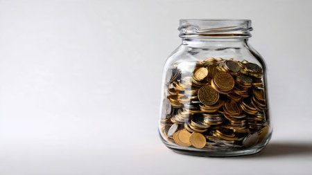 Elegant budgeting scene with a half-filled jar and neatly stacked coins on a white matte backdrop,...
