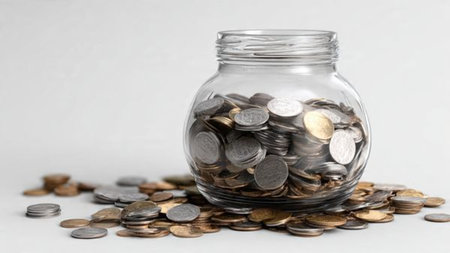 Clean savings concept showing a jar at an angle with coins grouped neatly in front, commercial-safe.