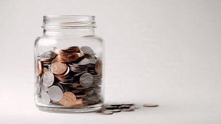 Balanced composition of a tipped jar and scattered coins representing simple financial habits,...