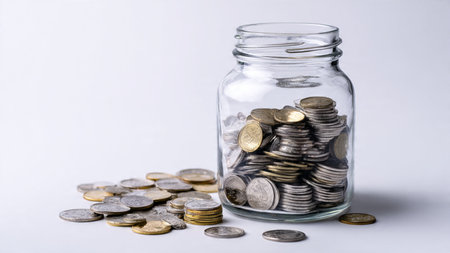 Modern savings presentation featuring a transparent jar angled slightly with coins pooled around it.