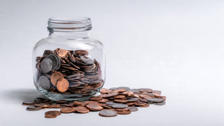 High-key finance scene with a clear jar positioned behind rows of shiny coins, commercial-safe.