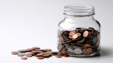 Elegant savings structure with a jar and coins positioned symmetrically for a modern look,...