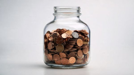 Soft-lit investment scene featuring a transparent jar tipped forward allowing coins to spill gently.