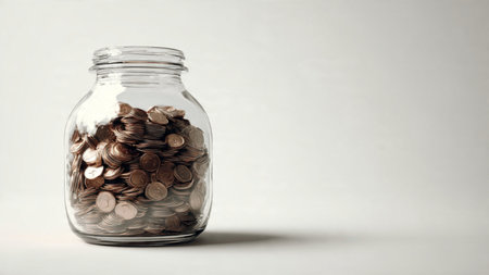 Soft bright financial layout showing a tipped jar releasing coins in a subtle wave shape.