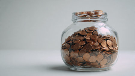 Elegant savings layout showing a half-filled jar and neatly aligned coins, commercial-safe.