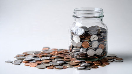 Clean wealth imagery featuring a tipped jar and coins flowing smoothly across a surface,...
