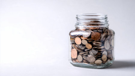 Elegant savings illustration featuring a sleek glass jar and neatly organized coins under soft...