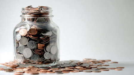 Professional savings image with a clear jar tilted slightly forward and coins in a small pile,...
