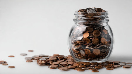 Soft-lit savings shot featuring coins stacked gently near a glass jar placed slightly off-center,...