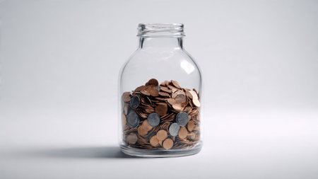 Bright financial planning concept featuring an empty jar and carefully spaced coin placements.の写真素材