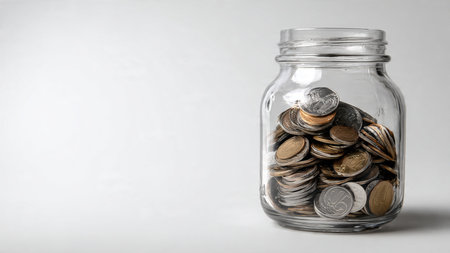 Bright financial planning scene with coins forming a soft pattern near a pristine glass jar,...