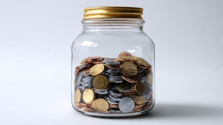 Soft-lit savings visual showing an upright jar beside a grouped coin cluster.