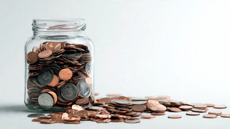 Elegant savings composition featuring an empty glass jar centered behind a smooth arc of coins.