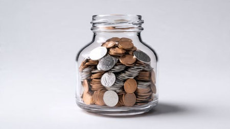 Neat wealth-building scene with coins forming a small pile in front of a transparent jar illuminated...