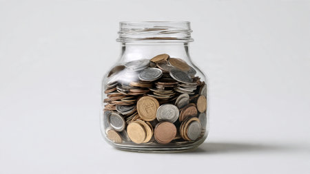 High-key minimalist setup featuring a jar tipped gently as coins spill outward in a soft curve,...