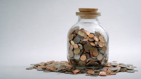 Clean financial flat lay with scattered coins surrounding a transparent jar filled with coins.