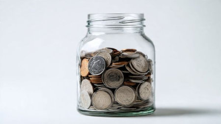 High-key saving flat lay with jar containing a few coins placed on pristine white, commercial-safe.