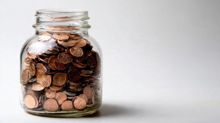 Minimal budgeting shot showing three coins arranged neatly beside a transparent jar.