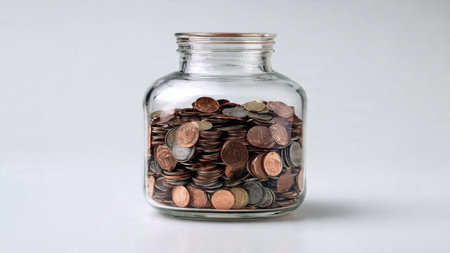 Minimal budgeting theme showing a single coin resting near a clear jar on white background.