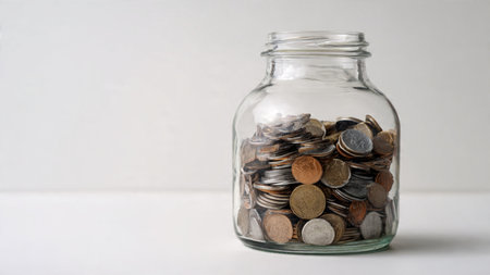 Clean wealth theme showing a few coins arranged neatly at the base of a transparent jar.