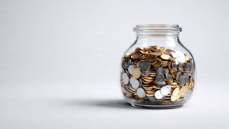 Clean modern budgeting display with a jar filled with coins and carefully aligned coins under soft...