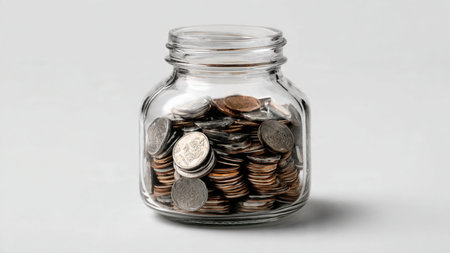 Soft savings aesthetic showing a jar with coins forming a straight line beside it.