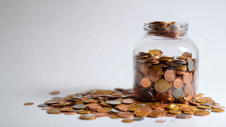 Clean savings concept showing a jar at an angle with coins grouped neatly in front, commercial-safe.