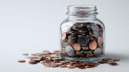 Bright minimalist concept with a jar and several scattered coins over a pure white background,...