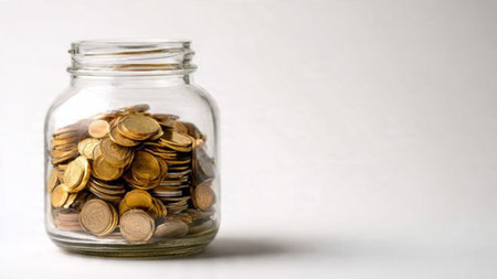 Soft-lit financial theme with a transparent jar placed beside a handful of scattered coins.