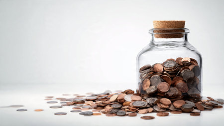 Tidy financial composition featuring a jar half-full with coins standing on a matte white tabletop,...