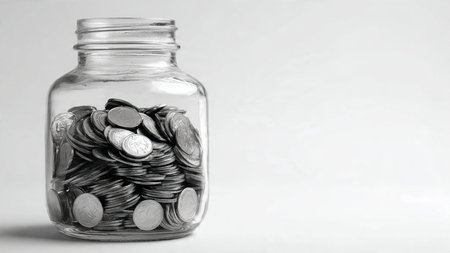Wealth symbolism featuring a half-full jar centered behind small but neat coin stacks,...