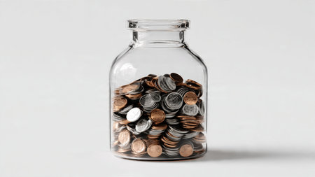 Professional savings image with a clear jar tilted slightly forward and coins in a small pile,...