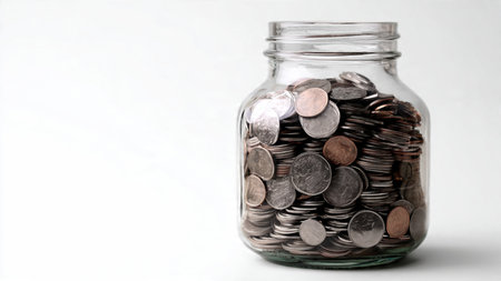 Bright investment concept featuring a clear jar and polished coins reflecting light subtly on a...