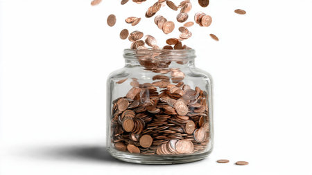 Minimal flat lay showing a tipped jar with coins forming a flowing pattern across a white backdrop,...