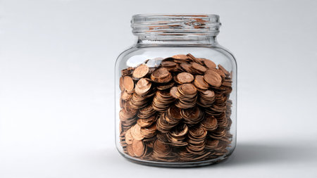 Elegant minimalist financial layout featuring stacked coins and a transparent jar glowing softly, commercial-safe.の写真素材
