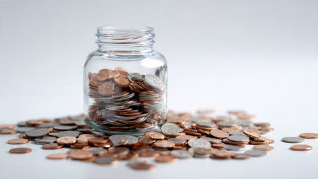 Clean savings visual featuring a jar placed behind scattered coins under diffused studio light,...
